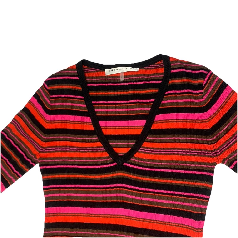 Trina Turk Striped Knit Sweater Dress V-Neck Short Sleeve Multicolor Sheath - Picture 5 of 12